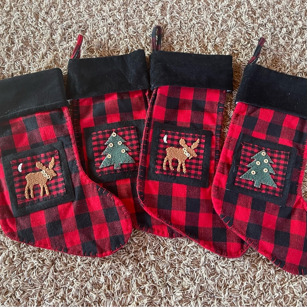 Tree skirt & 4 Plaid Christmas Stockings with Reindeer and Tree Design